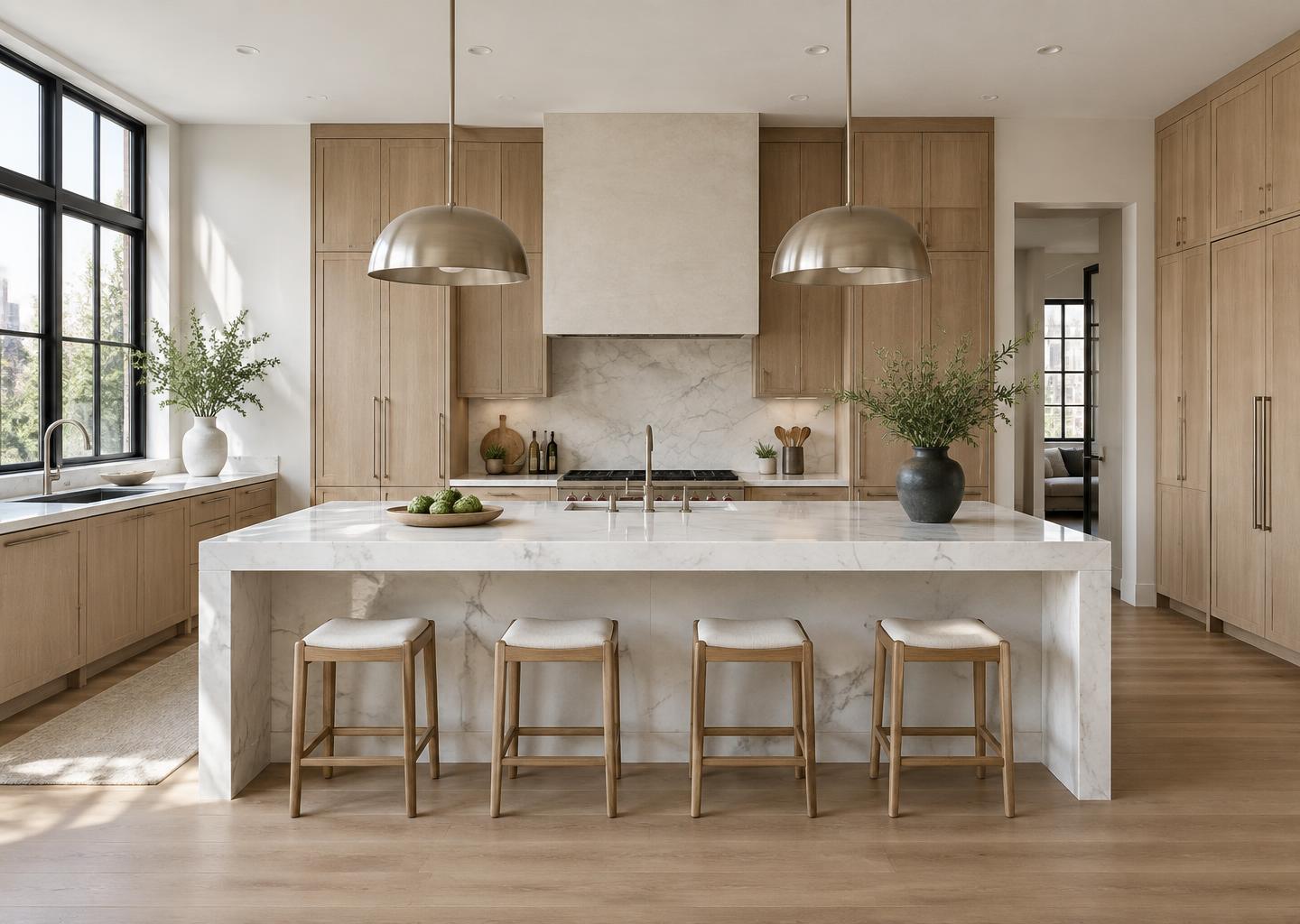 Residential renovation concept with oak cabinetry and a marble kitchen island
